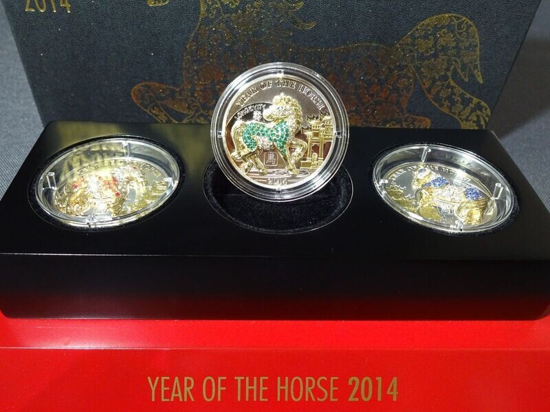 Silbermünzen-Set Ruanda 2014 500 Francs 3D-Skulptur Lunar Pferd Horse Gilded Pave-Technik PP Proof