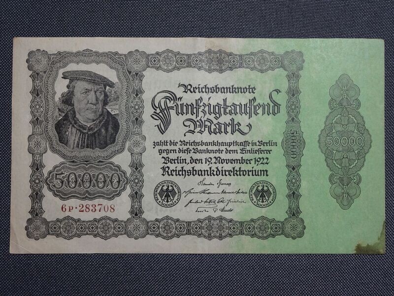 Banknote Weimarer Republik 1922 50.000 Mark Reichsbanknote Inflation Geldschein Banknote Weimarer Republik 1922 50.000 Mark Reichsbanknote Inflation Geldschein