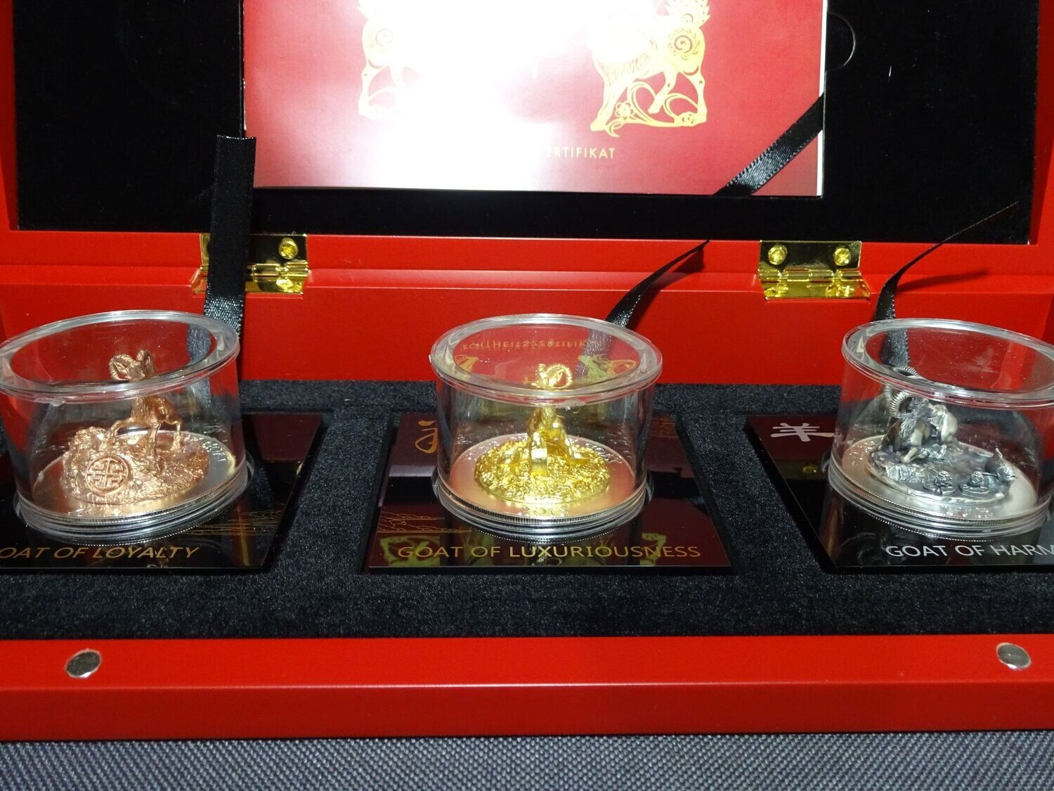 Silbermünzen Set Ruanda 2015 Lunar Jahr Ziege Year Goat 3D-Skulptur Gilded Rotgold 3x 1 Oz Unze