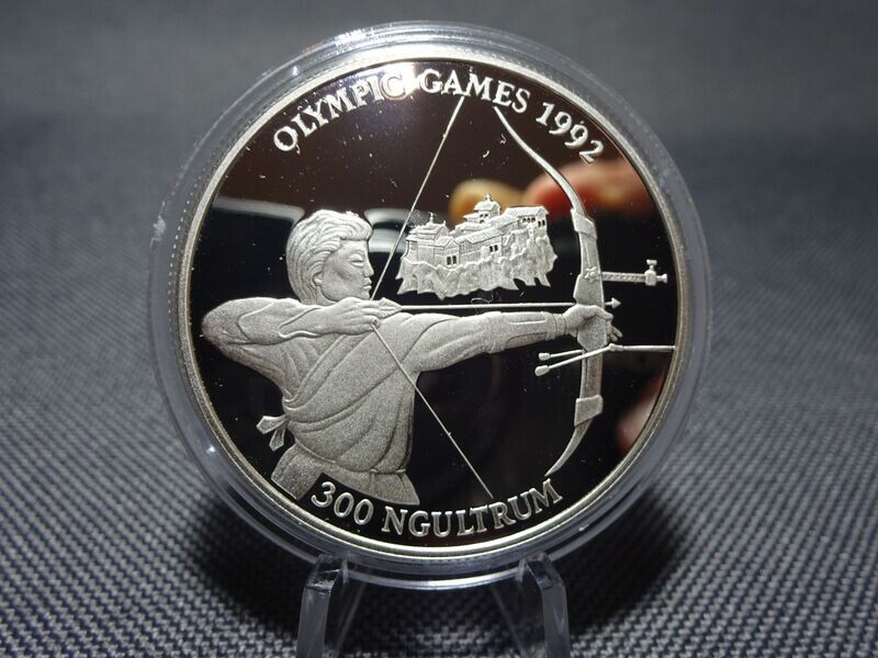 Silbermünze Bhutan 1992 300 Ngultrum Olympische Spiele Bogenschießen PP Proof