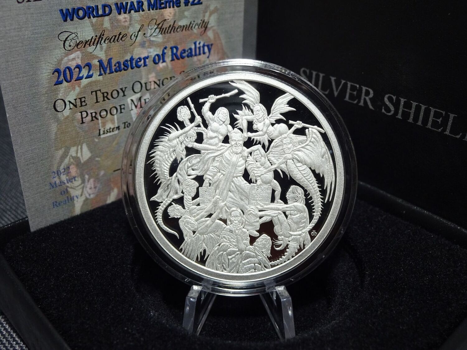Silbermedaille USA 2022 Master of Reality Teufelsclub Silver Shield PP Proof 1 Oz Unze