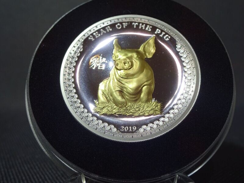 Silbermünze Palau 2019 5 Dollars Lunar Year Pig Schwein Jahr High Relief Gilded PP Proof 1 Oz Unze