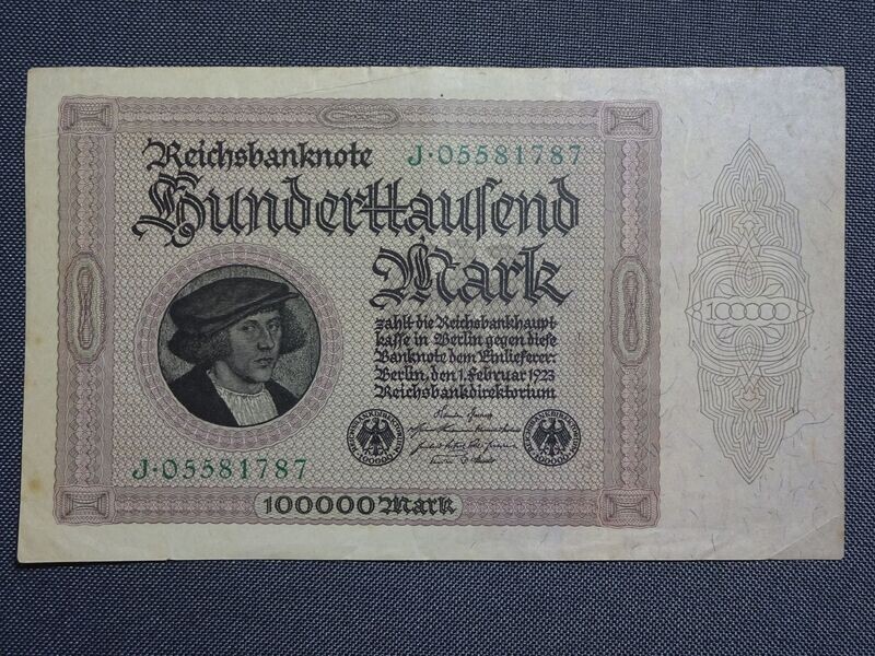 Banknote Weimarer Republik 1923 J 100000 Mark Reichsbanknote Inflation Geldschein Banknote Weimarer Republik 1923 J 100000 Mark Reichsbanknote Inflation Geldschein