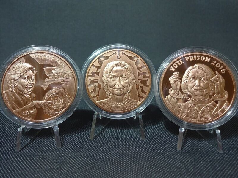 Medaillen-Set USA 2017 Hillary Clinton Vote Witch Justice Prison Silver Shield Kupfer 3x 1 Oz Unze