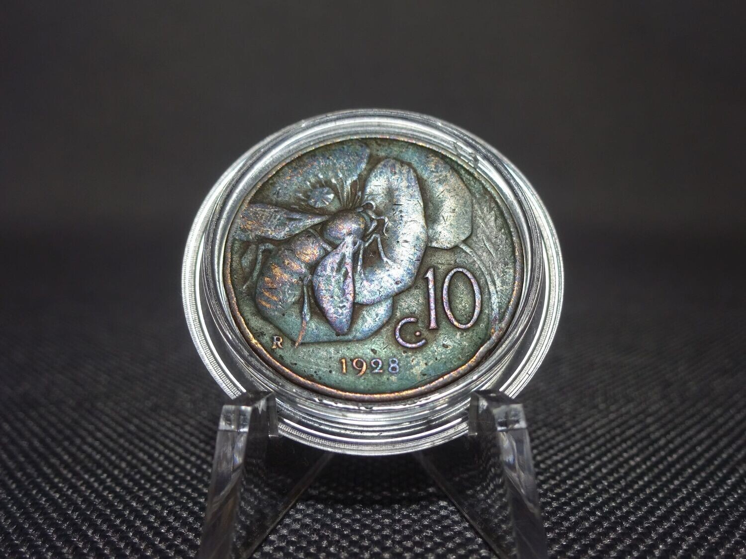 Münze Italien 1928 10 Centesimi Honigbiene Vittorio III. Blau Lila Patina