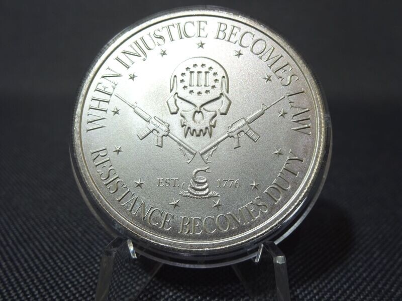 Silbermedaille USA Skull Totenschädel Guns Snake Injustice Law Resistance Duty Intaglio Mint 2 Oz Unze