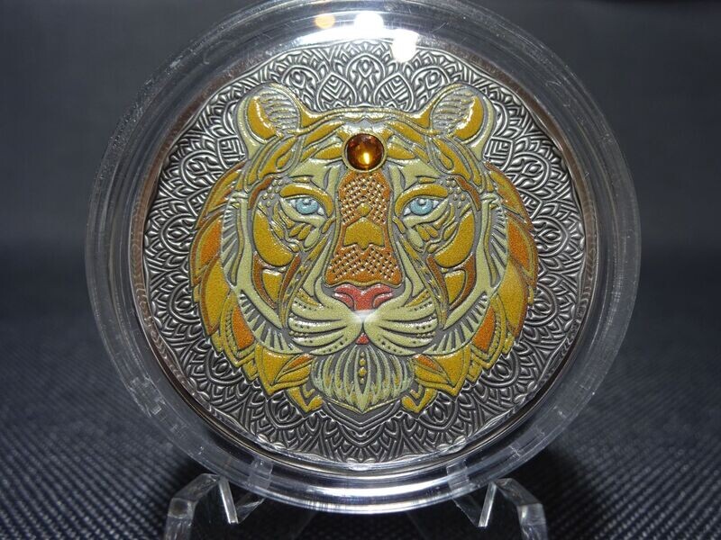 Silbermünze Ghana 2020 2 Cedis Löwe Farbe Swarovski Stein Antik Finish 1/2 Oz Unze