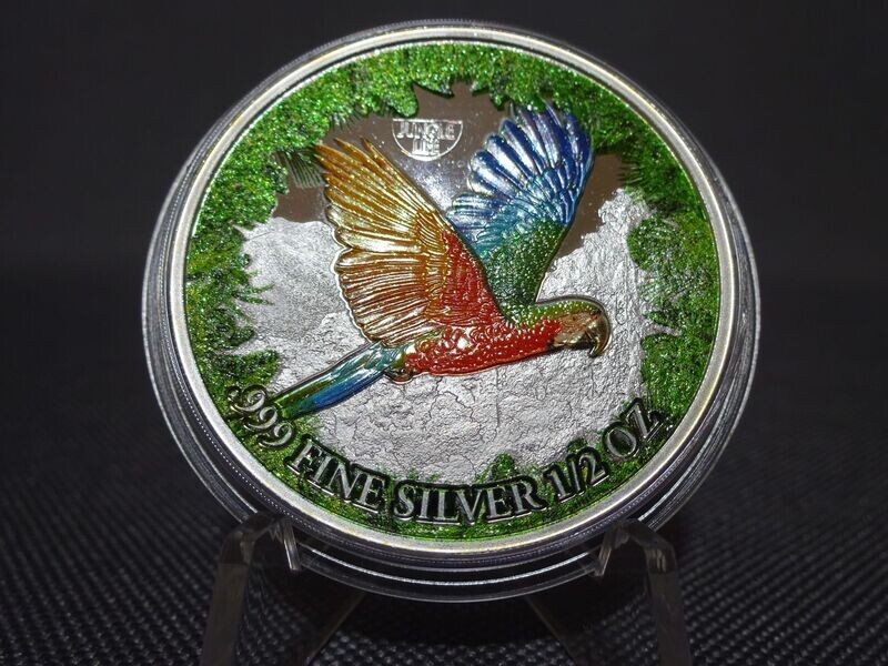 Silbermünze Kamerun 2021 500 Francs Jungle Life Papagei Vogel Rhodium Smaragdstaub Farbe 1/2 Oz Unze