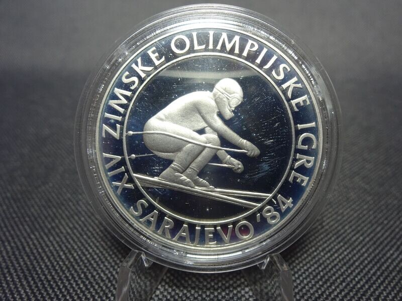 Silbermünze Jugoslawien 1982 500 Dinar Olympia Sarajevo 1984 Skifahrer Abfahrtslauf PP Proof