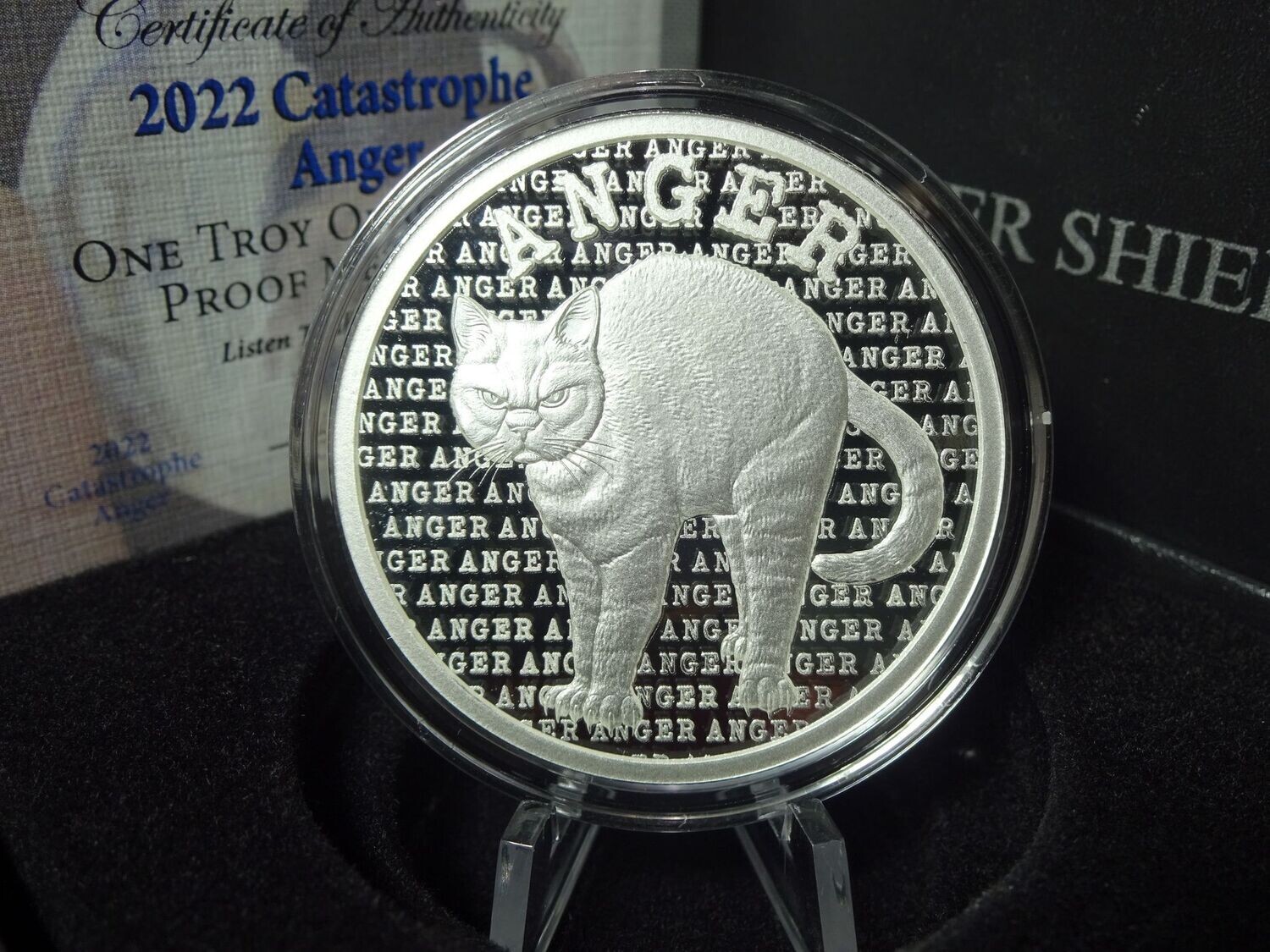 Silbermedaille USA 2022 Catastrophe Anger World War Cat Katze Wut Silver Shield PP Proof 1 Oz Unze
