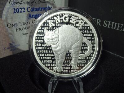Silbermedaille USA 2022 Catastrophe Anger World War Cat Katze Wut Silver Shield PP Proof 1 Oz Unze