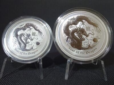 Silbermünzen Set Australien 2012 50 Cents & 1 Dollar Lunar II Year Dragon Drache 1/2 & 1 Oz Unze