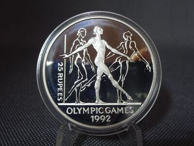 Silbermünze Seychellen 1993 25 Rupien Olympia Games 1992 Turnerin Schwebebalken PP Proof