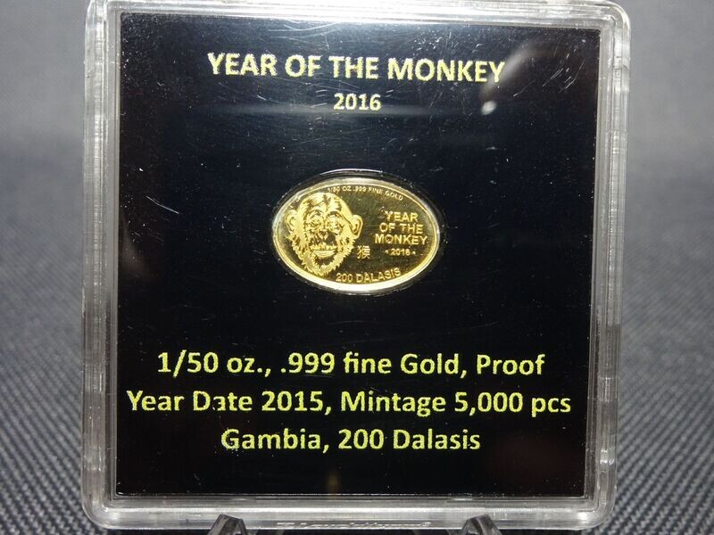 Goldmünze Gambia 2015 200 Dalasis Lunar 2016 Year Monkey Jahr Affe PP Proof 1/50 Oz Unze