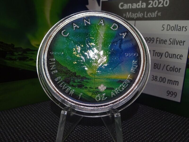 Silbermünze Kanada 2020 5 Dollars Maple Leaf Whitehorse Town 6th Polar Lights Lichter Farbe 1 Oz Unze Silbermünze Kanada 2020 5 Dollars Maple Leaf Whitehorse Town 6th Polar Lights Lichter Farbe 1 Oz Unze