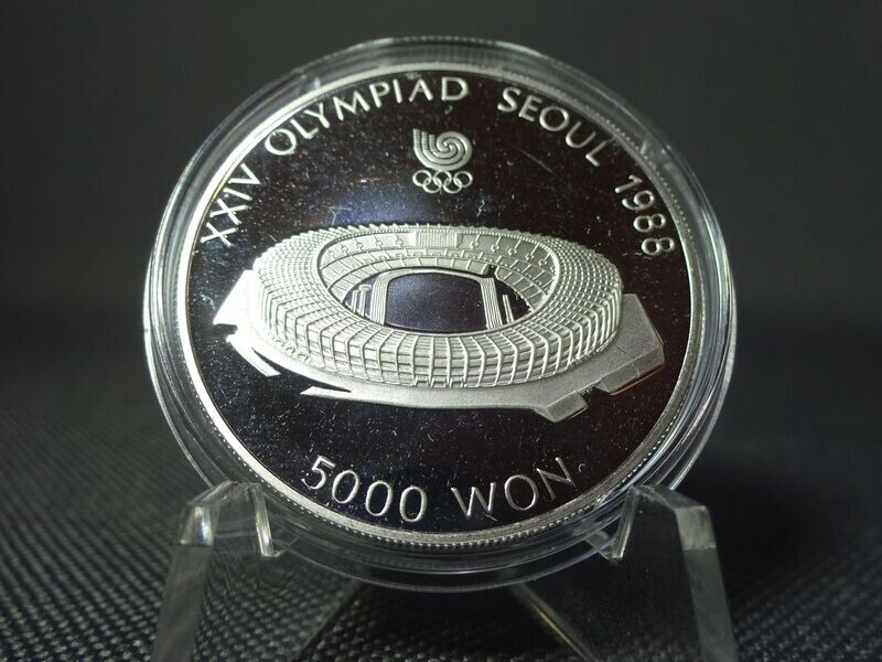 Silbermünze Südkorea 1987 5000 Won Olympia 1988 Seoul Stadion PP Proof 1/2 Oz Unze