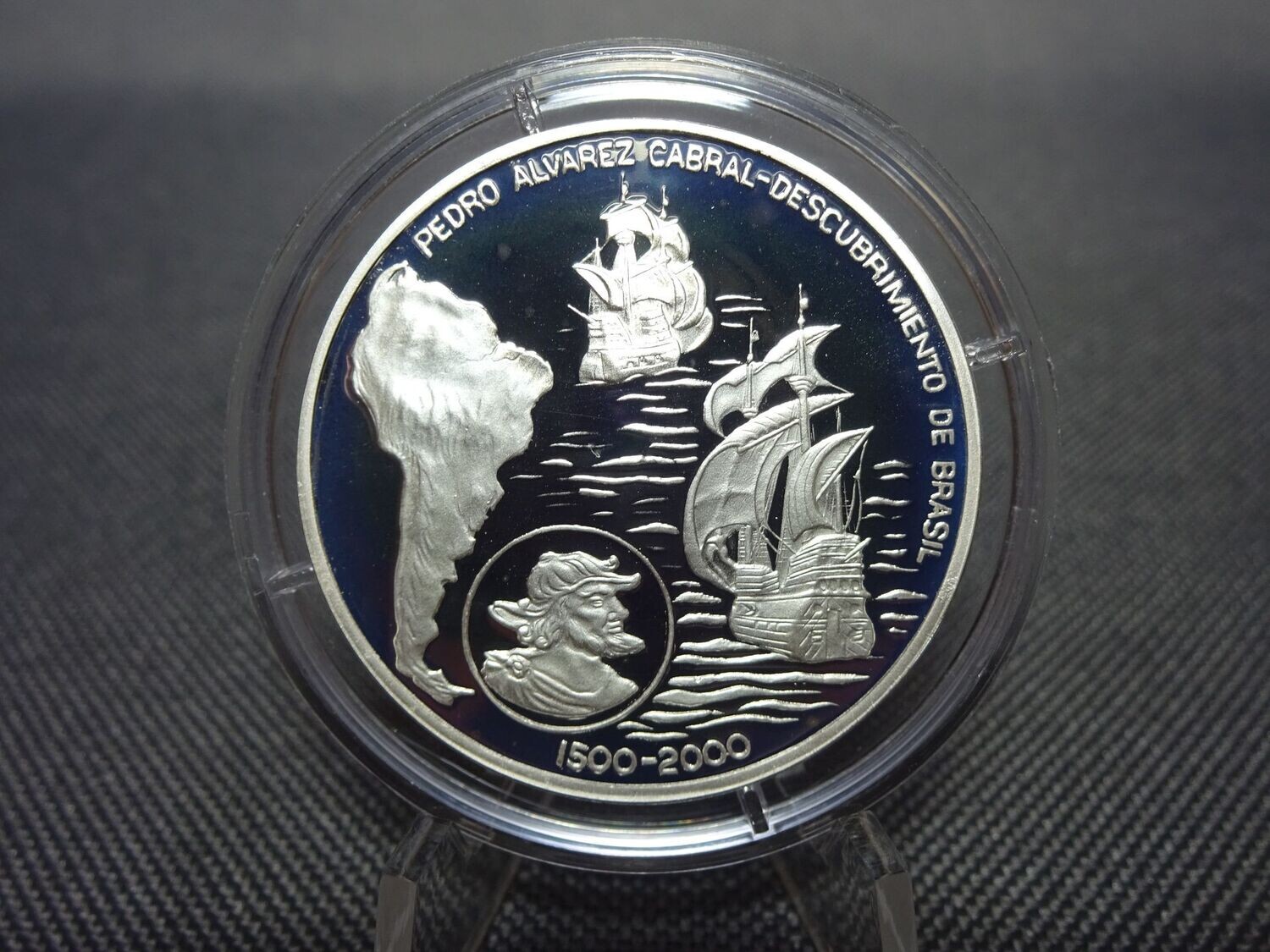 Silbermünze Westliche Sahara 2000 1000 Peseten Pedro Alvarez Cabral Entdeckung Brasiliens Schifffahrt PP Proof