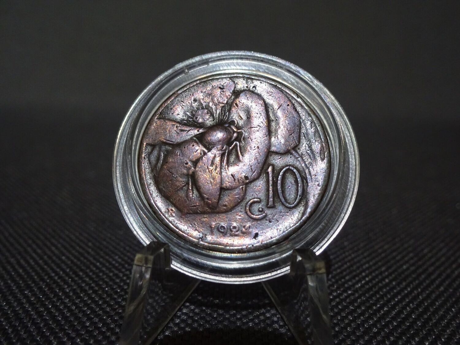 Münze Italien 1924 10 Centesimi Honigbiene Vittorio III. Lila Patina Münze Italien 1924 10 Centesimi Honigbiene Vittorio III. Lila Patina