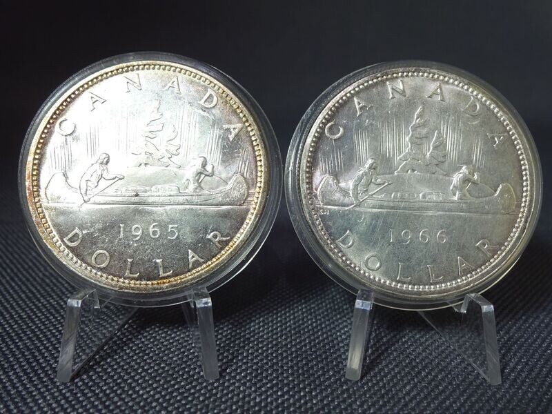 Silbermünzen-Set Kanada 1965 & 1966 1 Dollar Kanu Indianer Silbermünzen-Set Kanada 1965 & 1966 1 Dollar Kanu Indianer