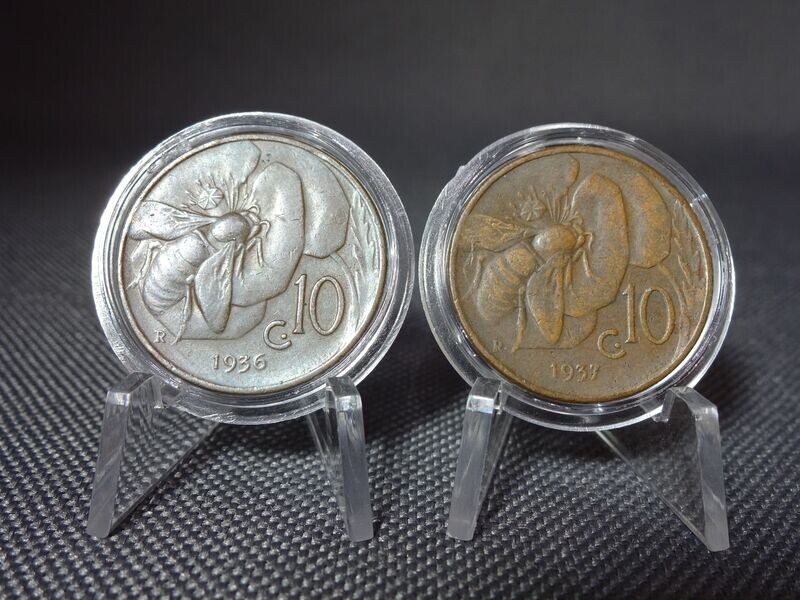 Münzen-Set Italien 1936 & 1937 10 Centesimi Honigbiene Vittorio III.