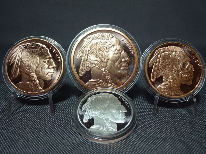 Silbermedaille USA Buffalo Indianer Kopf Skull Head Set 1/2 Oz Kupfermedaille 2x 1 Oz & 2 Oz Unze