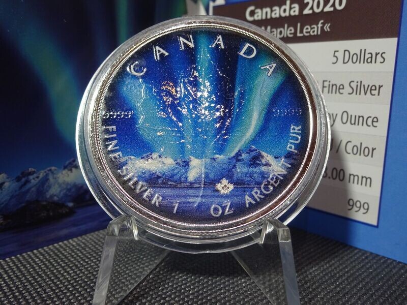 Silbermünze Kanada 2020 5 Dollars Maple Leaf Jasper National Park 1st Polar Lights Lichter Farbe 1 Oz Unze Silbermünze Kanada 2020 5 Dollars Maple Leaf Jasper National Park 1st Polar Lights Lichter Farbe 1 Oz Unze
