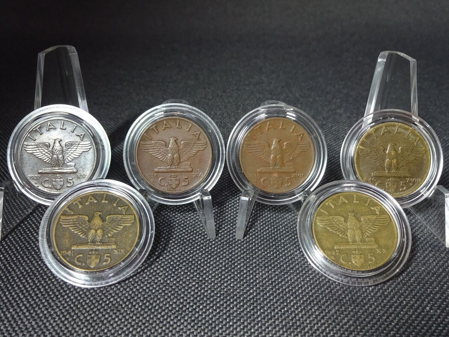 Münzen-Set Italien 1937 - 1942 5 Centesimi Vittorio III. 6x Faschistenprägung Münzen-Set Italien 1937 - 1942 5 Centesimi Vittorio III. 6x Faschistenprägung