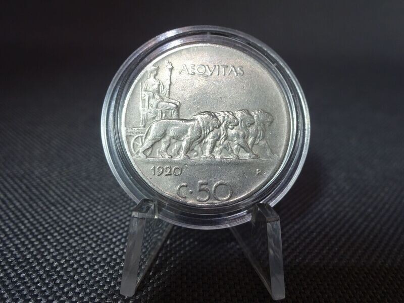 Münze Italien 1920 50 Centesimi Vittorio III. Glatter Rand