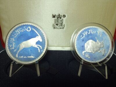 Silbermünzen Set Oman 1977 2 1/2 & 5 Rial Karakal Wüstenluchs Katze Oryx Antilope Naturschutz Wildlife WWF PP Proof