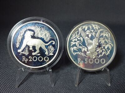 Silbermünzen-Set Indonesien 1974 2000 & 5000 Rupiah Java Tiger Orang Utan Naturschutz Wildlife WWF PP Proof