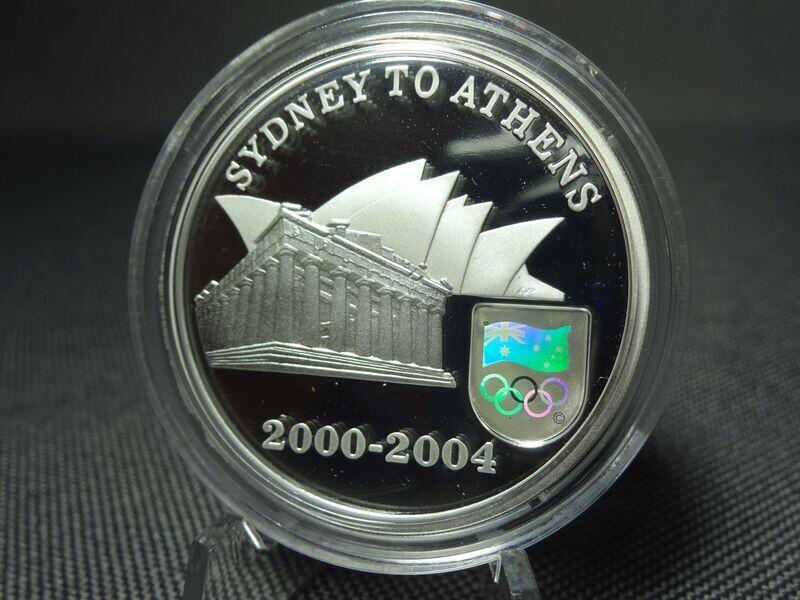 Silbermünze Australien 2004 5 Dollars Sydney to Athens 2000 - 2004 Olympia Parthenon Opernhaus Hologramm Flagge PP Proof Silbermünze Australien 2004 5 Dollars Sydney to Athens 2000 - 2004 Olympia Parthenon Opernhaus Hologramm Flagge PP Proof
