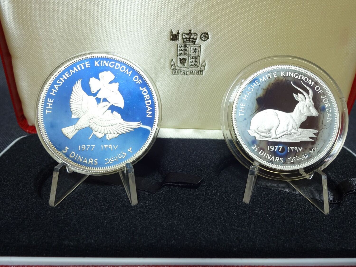 Silbermünzen-Set Jordanien 1977 2,5 & 3 Dinar Piaster Nektarvogel Gazelle Naturschutz Wildlife WWF PP Proof