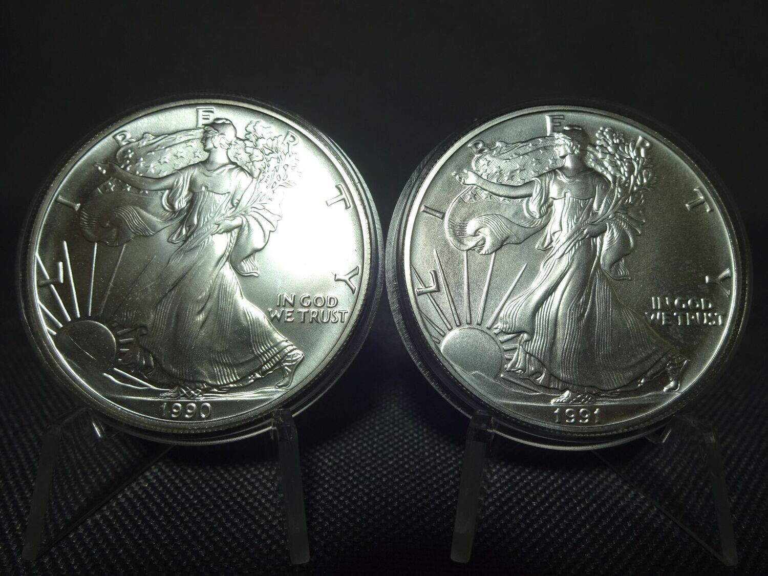 Silbermünzen Set USA 1990 & 1991 1 Dollar American Silver Eagle Walking Liberty 1 Oz Unze