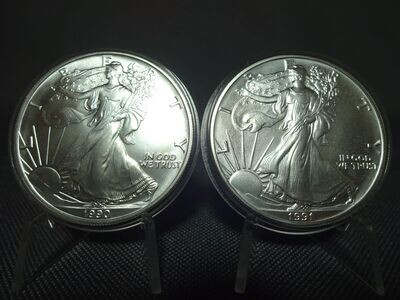 Silbermünzen Set USA 1990 & 1991 1 Dollar American Silver Eagle Walking Liberty 1 Oz Unze
