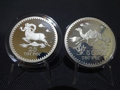 Silbermünzen-Set 1976 Mongolei 25 & 50 Tögrög Argali Wildschaf Kamel Dromedar Wildlife WWF Naturschutz PP Proof