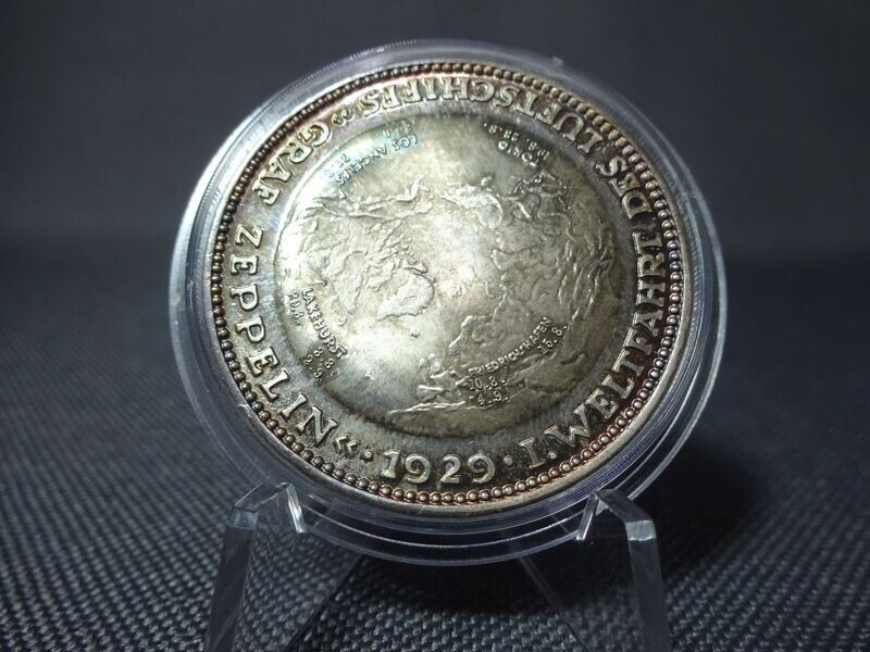 Silbermedaille Weimarer Republik 1929 Weltfahrt Graf Zeppelin Eckener Dürr Weltkarte Patina Silbermedaille Weimarer Republik 1929 Weltfahrt Graf Zeppelin Eckener Dürr Weltkarte Patina