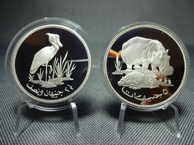 Silbermünzen-Set Sudan 1976 2,5 & 5 Pfund Pounds Schuhschnabel Vogel Nilpferd Naturschutz Wildlife WWF PP Proof