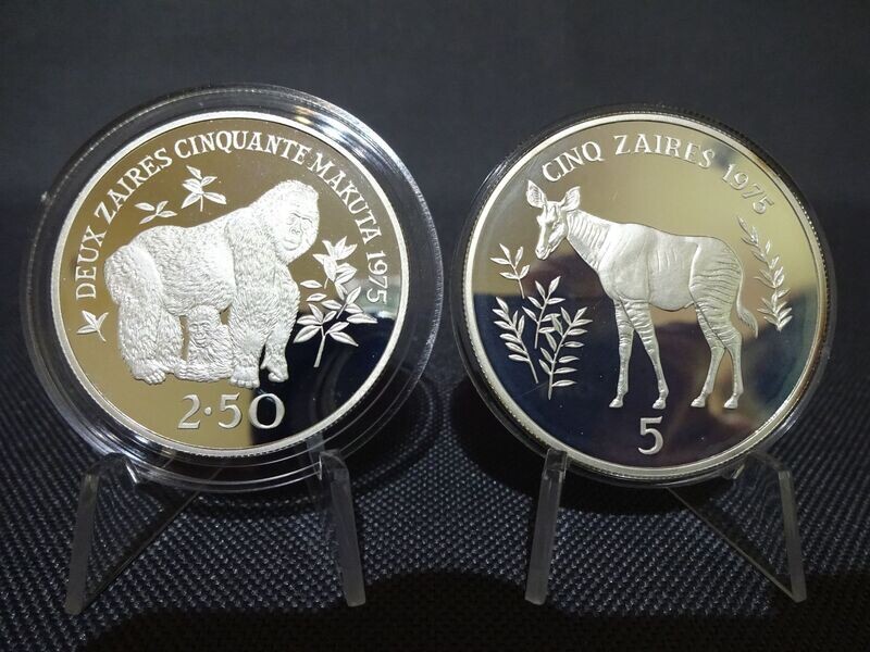 Silbermünzen-Set Zaire Kongo 1975 2,5 & 5 Zaires Berg-Gorilla Okapi WWF Wildlife Naturschutz PP