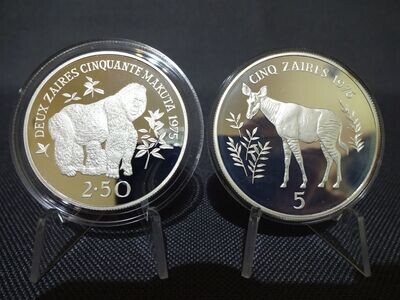 Silbermünzen-Set Zaire Kongo 1975 2,5 & 5 Zaires Berg-Gorilla Okapi WWF Wildlife Naturschutz PP