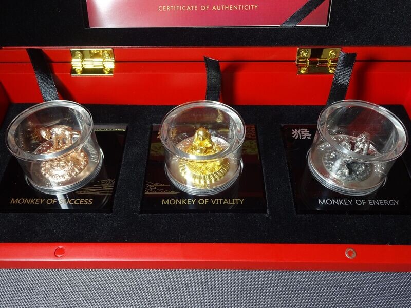 Silbermünzen Set Ruanda 2016 Lunar Jahr Affe Year Monkey 3D-Skulptur Gilded Rotgold 3x 1 Oz Unze