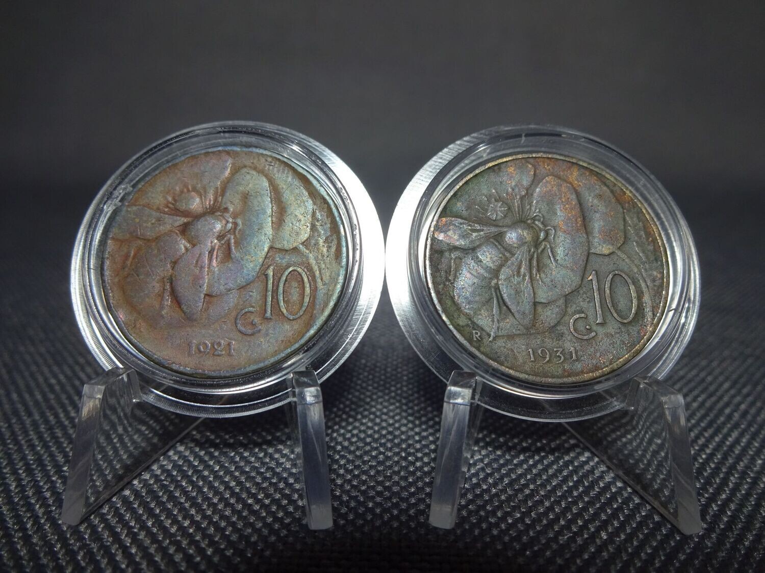 Münzen-Set Italien 1921 1931 10 Centesimi Honigbiene Vittorio III. Blau Lila Patina