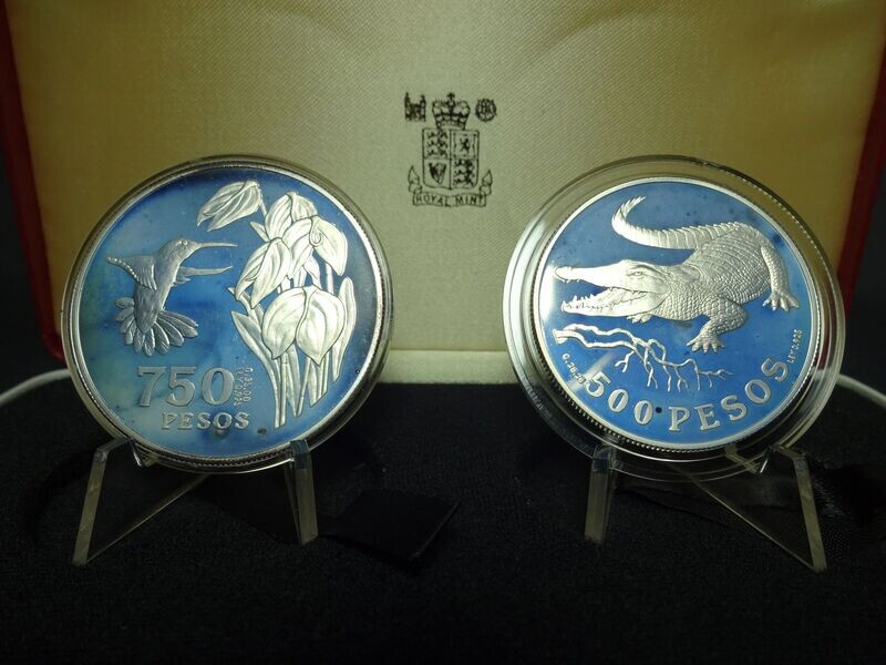 Silbermünzen Set 1978 Kolumbien 500 & 750 Pesos Krokodil Kolibri Vogel Wildlife WWF Naturschutz PP Proof