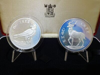 Silbermünzen-Set Äthiopien 1978 10 & 25 Birr Bartgeier Bergnyala Gazelle Naturschutz Wildlife WWF PP Proof