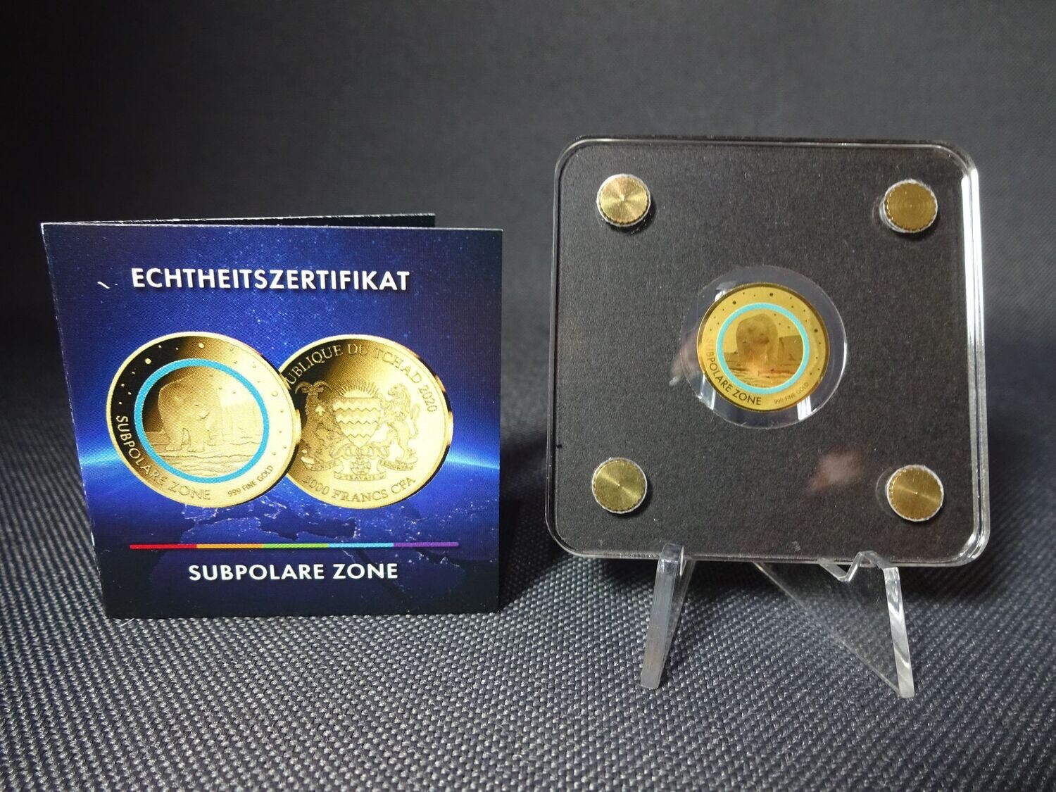 Goldmünze Tschad 2020 3000 Francs Subpolare Zone Eisbär Farbring Türkis 1/500 Oz Unze