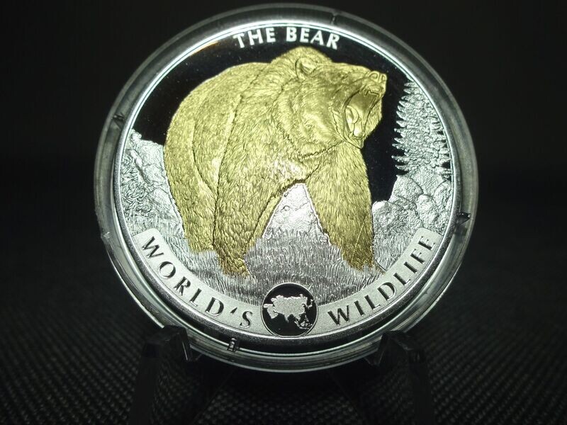 Silbermünze Kongo 2022 20 Francs Bär Bear World's Wildlife Gilded 1 Oz Unze