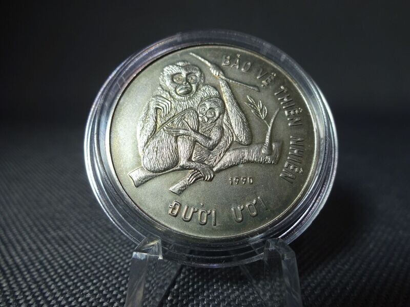 Münze Vietnam 1990 10 Dong Đồng Schopfgibbon Affe WWF Gedenkmünze