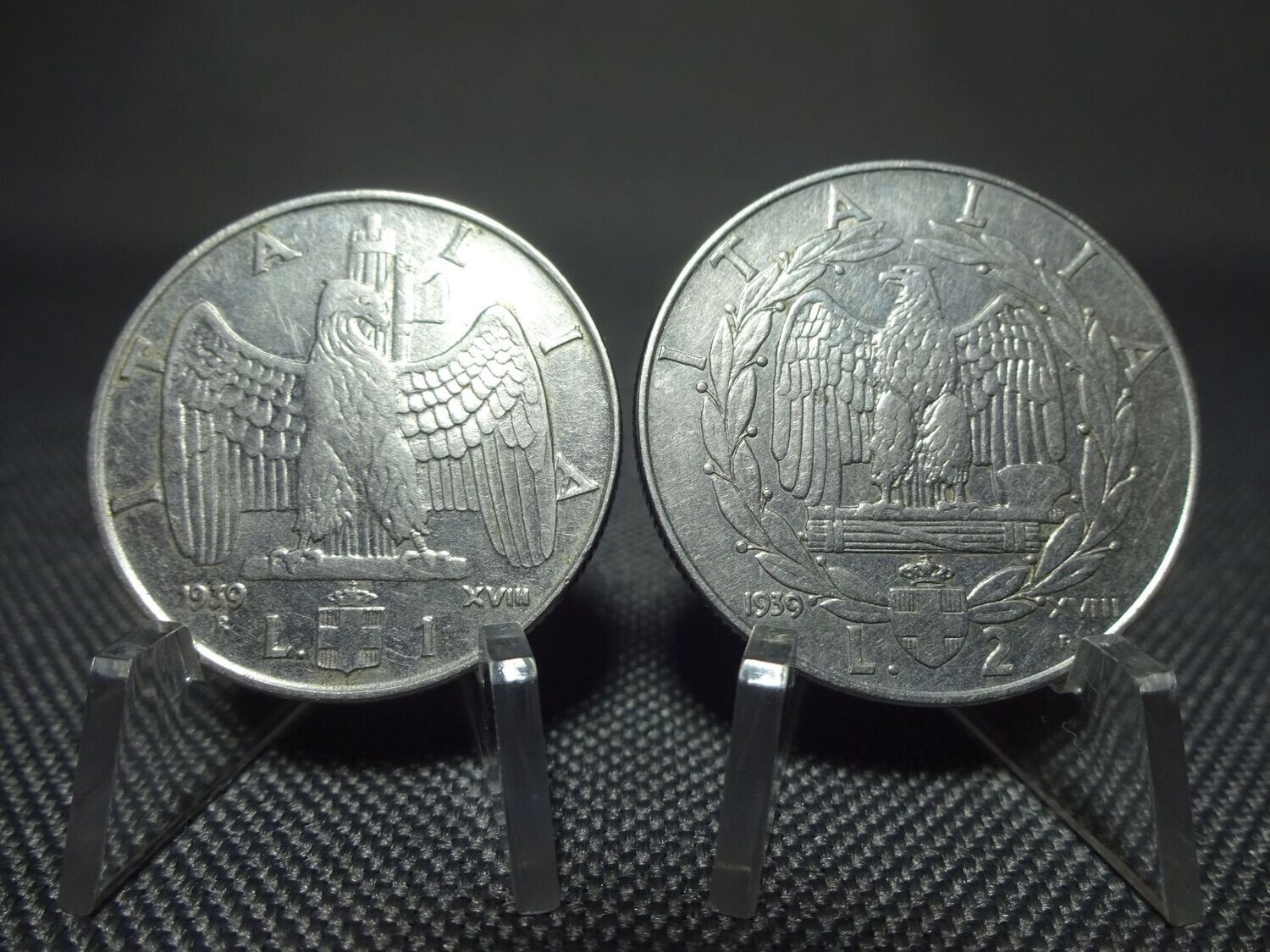 Münzen-Set Italien 1939 XVIII. 1 & 2 Lire Vittorio III. 2x Faschistenprägung