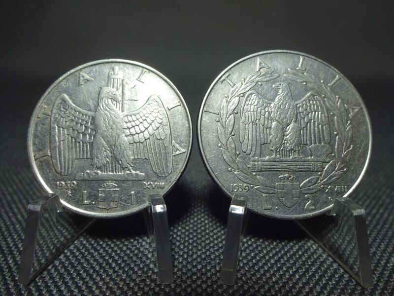 Münzen-Set Italien 1939 XVIII. 1 & 2 Lire Vittorio III. 2x Faschistenprägung