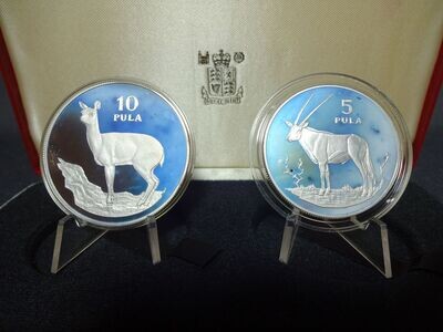 Silbermünzen-Set Botswana 1978 5 10 Pula Spießbock Klippspringer Naturschutz Wildlife WWF PP Proof