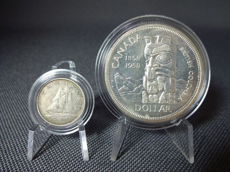 Silbermünzen-Set Kanada 1958 10 Cent 1 Dollar Totem Pfahl Segelschiff British Columbia Silbermünzen-Set Kanada 1958 10 Cent 1 Dollar Totem Pfahl Segelschiff British Columbia